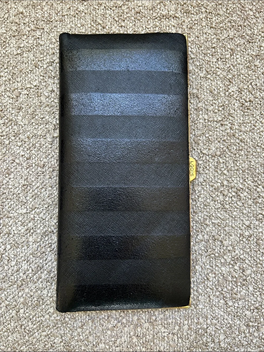 Black Textured Long Wallet with Gold Trim